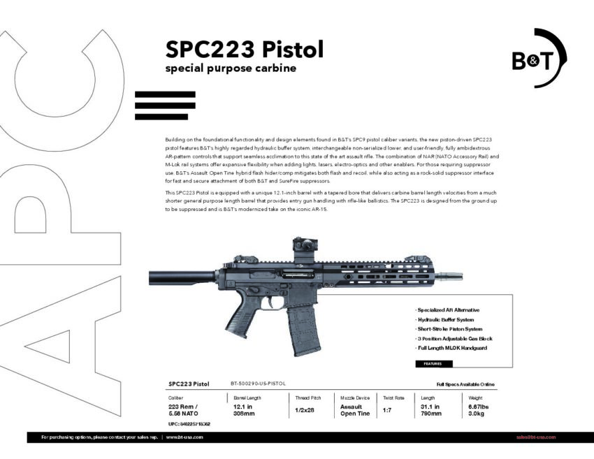 B&T SPC223 Pistol 12.1” Barrel Cal. .223 Rem./5.563x45mm BT-500290-US